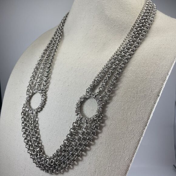 White House Black Market Silver Tone Multi Layer Chain Rhinestone Necklace - Picture 4 of 9